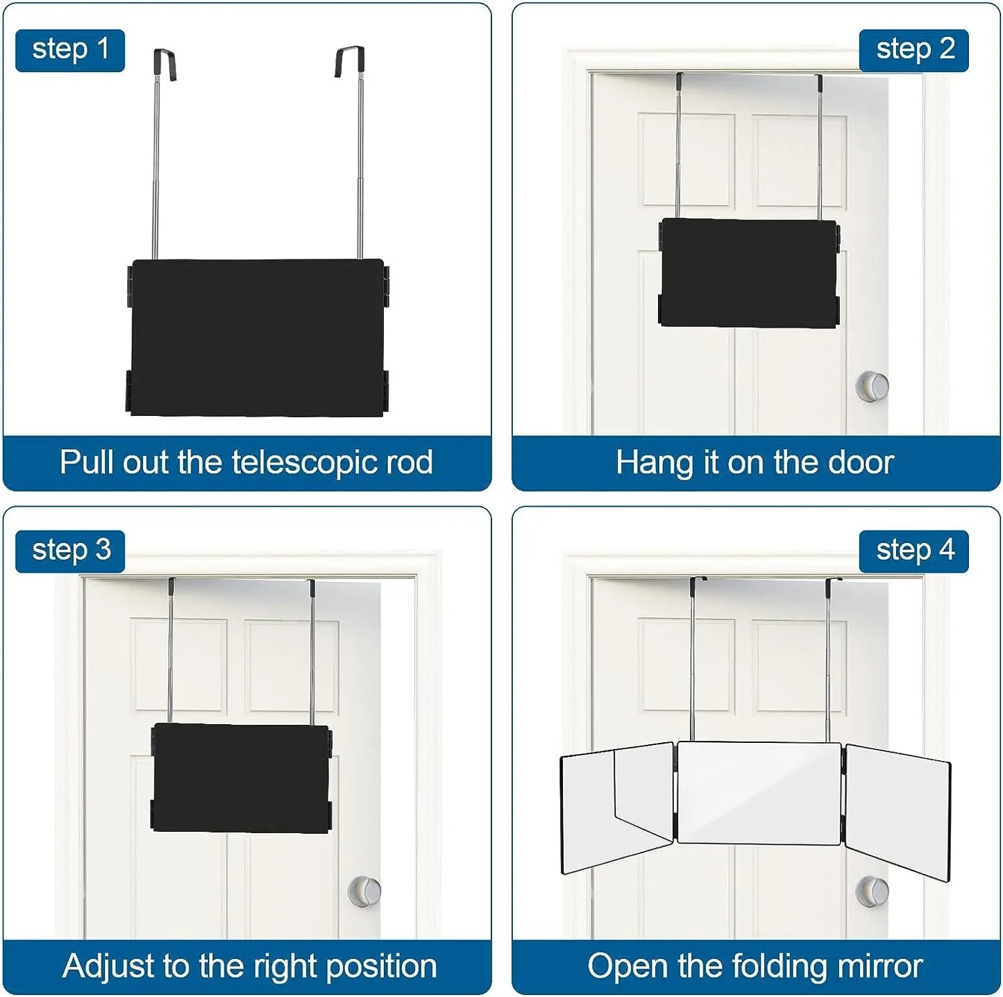 360 Trifold Mirror with Height Adjustable Telescoping Hooks