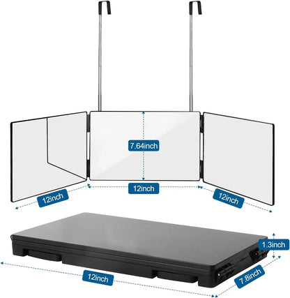 360 Trifold Mirror with Height Adjustable Telescoping Hooks