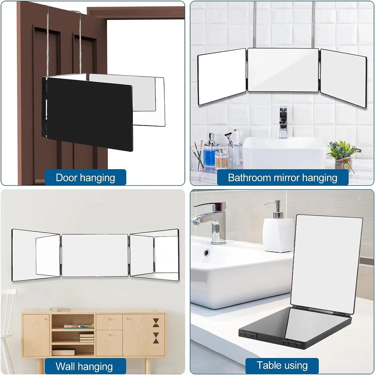 360 Trifold Mirror with Height Adjustable Telescoping Hooks