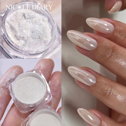 Aurora Pearl White Nails Glitter