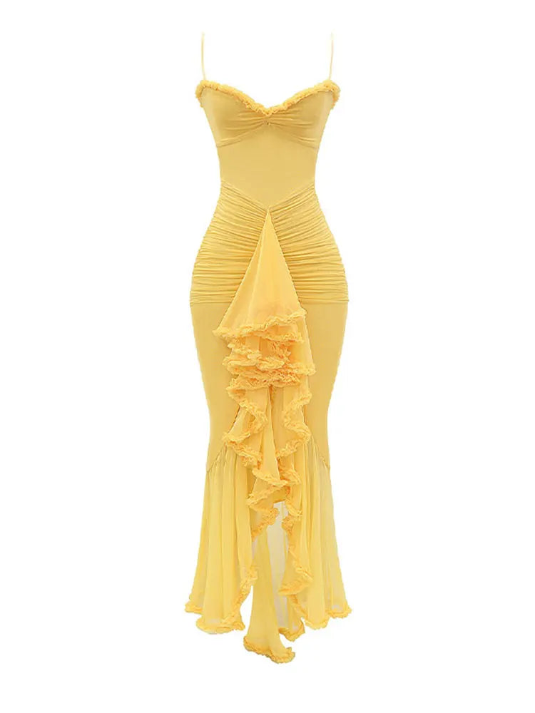 Elegant Irregular Ruffles Hem Pleated Sling Maxi Dress